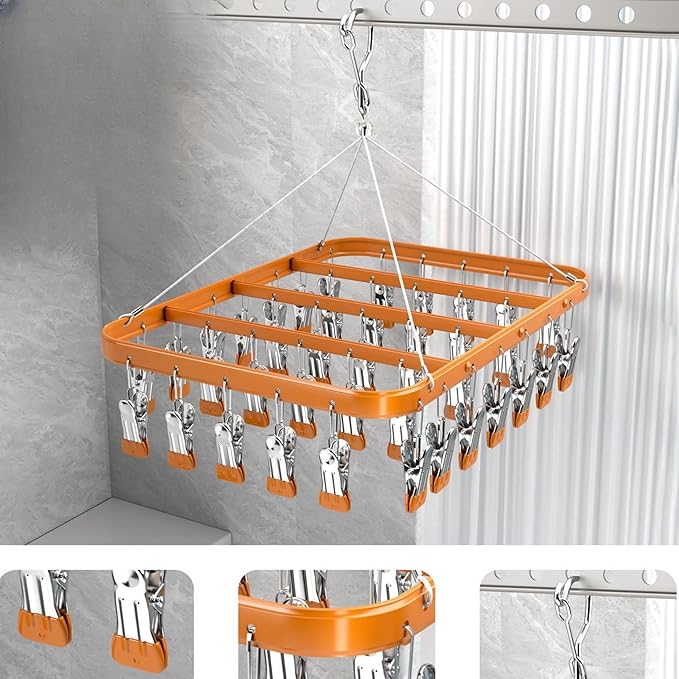 Clothes Drying Racks Clip Hangers Metal with 36 Clips Windproof Hook Underwear Hanger Foldable Laundry Clip for Socks Bras (Gold)