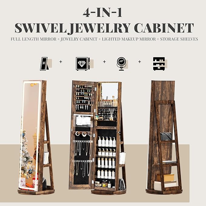 Mirror Jewelry Cabinet Standing, Jewelry Armoire with Full-Length LED Mirror and Adjustable Lights, 360° Swivel Jewelry Organizer Storage, Rustic Brown
