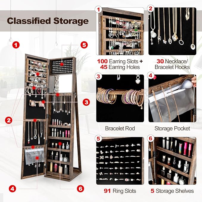 CHARMAID Jewelry Armoire with Full Length Mirror, Lockable Standing Jewelry Cabinet Organizer with Large Storage Capacity, Inside Makeup Mirror, Stable Base, Easy Assembly (Rustic Brown)