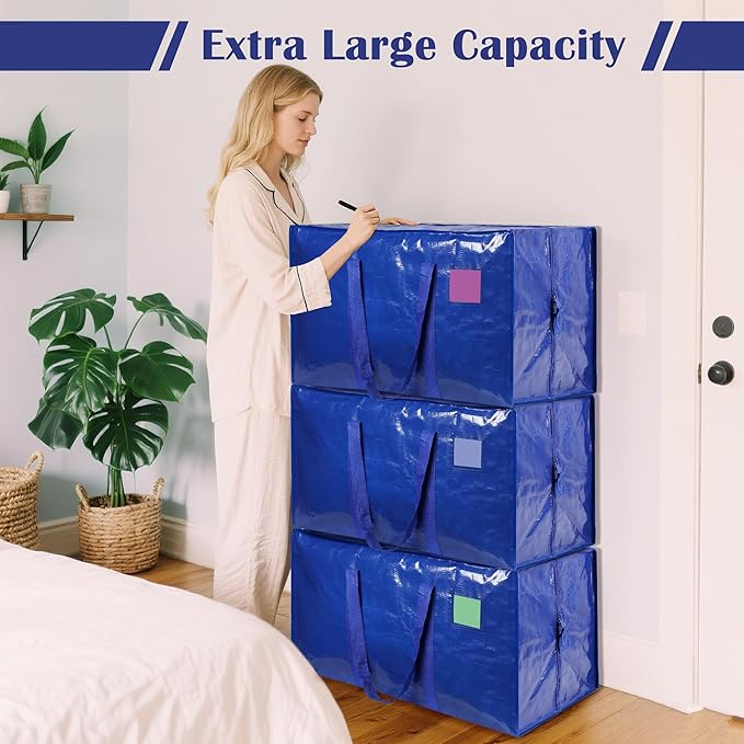 12 Pack Extra Large Heavy Duty Moving Bags with Reinforced Zipper & Wide Handles, Waterproof Storage Bins Packing Cubes for Clothes, College Dorm, Travel, and Home Organization, Blue