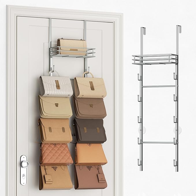 SWTYMIKI Over The Door Purse Organizer - Wall Mounted Handbag Organizer with 10 Hooks and Metal Basket, Hanging Purse Storage Rack Holds up to 10 Bags, Bag Rack Can Use As 1/2 Part, for Door, Closet