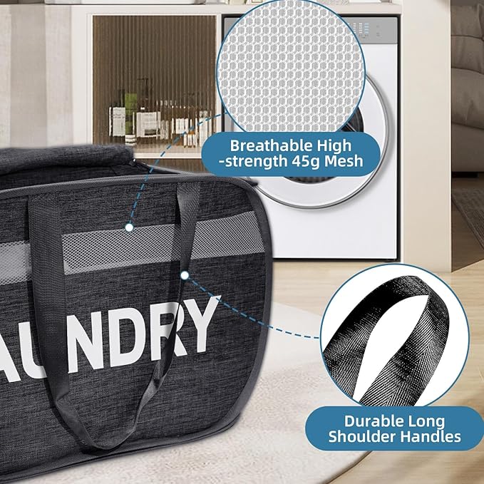 Collapsible Laundry Basket 2 pack, Foldable Pop Up Black Laundry Baskets Mesh with Lid & Handle, Pop Up Collapsible Laundrys Hamper, Fabric Laundrys Baskets for Dorm, Travel, Bathroom