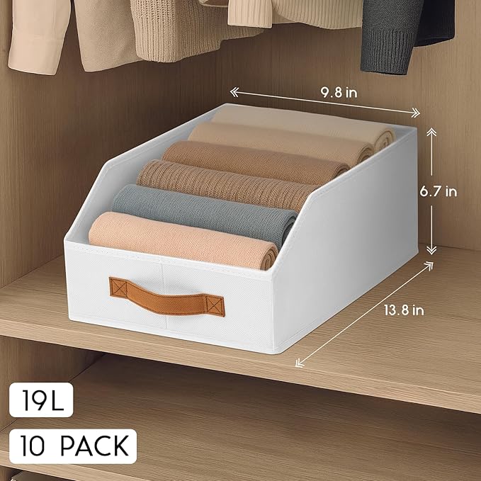 Fabric Storage Bins for Organizing - 10 Pack Large Trapezoid Collapsible Storage Bins with Front Handle, Closet Organizers and Storage for Bedroom, Home Shelves, Small Spaces, White