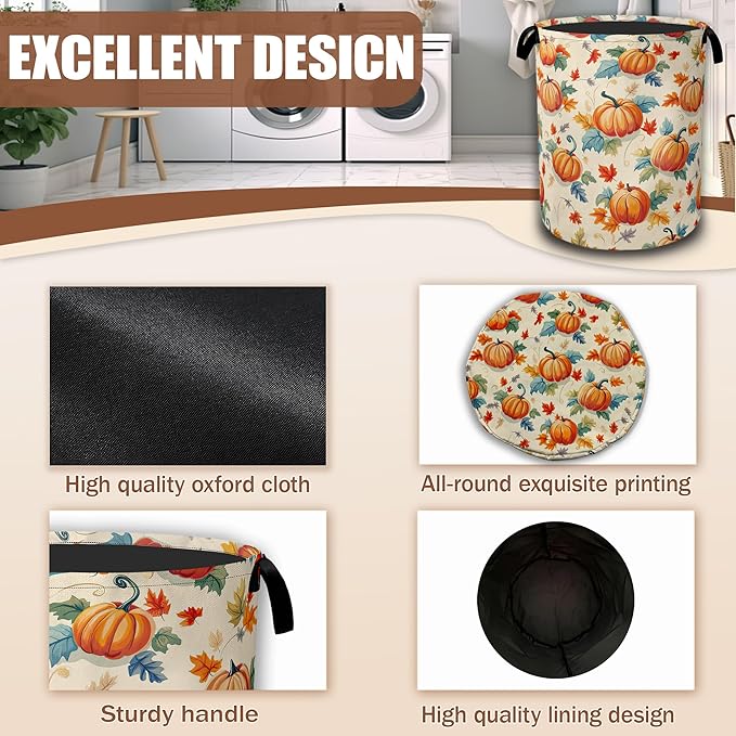 Thanksgiving day Laundry Baskets,Autumn Pumpkins Flowers Leaves Laundry Hamper,Storage Basket with Handles for Bathroom Bedroom College Dormitory Living Room Nursery Organizer 16"x20.8"