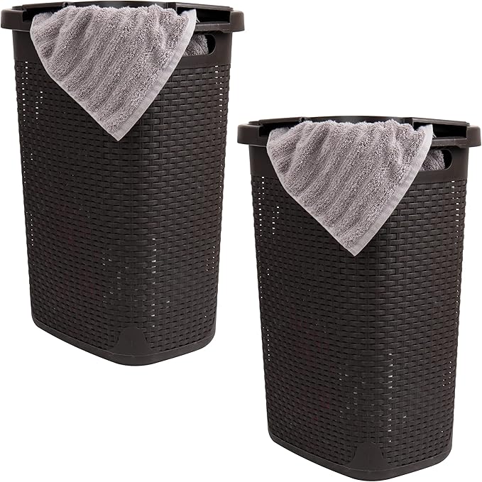 Mind Reader Slim Laundry Hamper with Lid, 60L Clothes Baskets, Premium Wicker Design, Plastic, 2-Pack, Brown