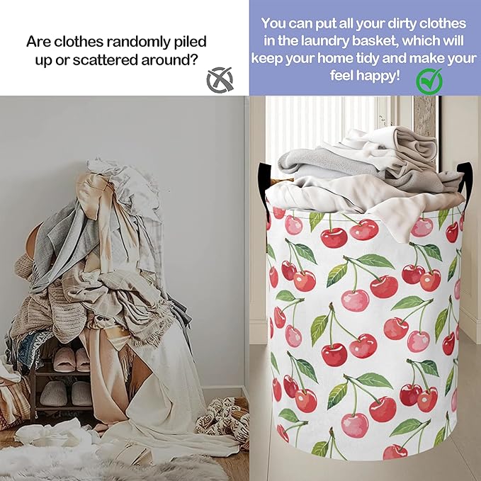 Cute Cherry Laundry Hamper Large Canvas Fabric Lightweight Storage Basket/Dirty Clothes Collapsible Waterproof for College Dorms, Boys and Girls Bedroom,Bathroom