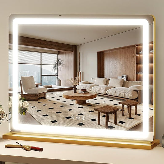 FENNIO 23" x 18" Vanity Mirror with Lights，LED Makeup Mirror，Hollywood Mirror with 3 Color Modes & Adjustable Brightness，Vanity Mirror Gold