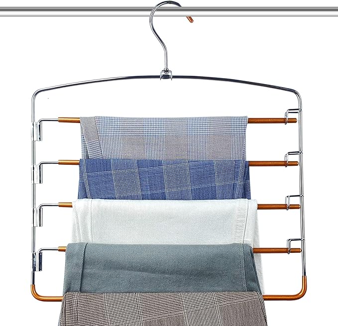 FeeraHozer Pants Hangers Non Slip 3 Pack Space Saving Hangers Multi-Layer Swing Arm Stainless Steel Space Saver Rack for Jeans Scarf Trouser Clothes (Gold)