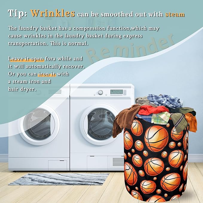 Funny Basketball Laundry Basket With Handles Oxford Cloth Tote Bag Colorful Laundry Hamper 18.9"x16.5" Foldable Clothes Storage Bucket Toy Organizer For Bathroom/Laundry/Bedroom