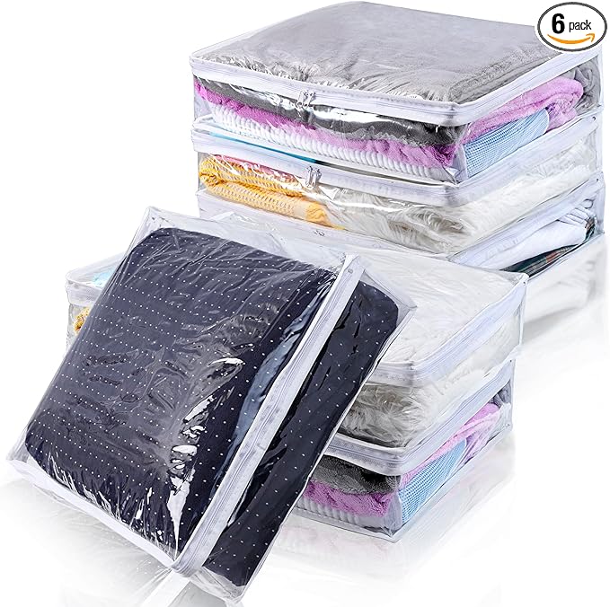 6 Packs Clear Zippered Storage Bags, Sweater Storage Bags with Zipper, Plastic PVC Sweater Sheet Organizer for Clothing Blankets Closet Bed Sheet Pillow(15.74 x 13.78 x 3.74 in)