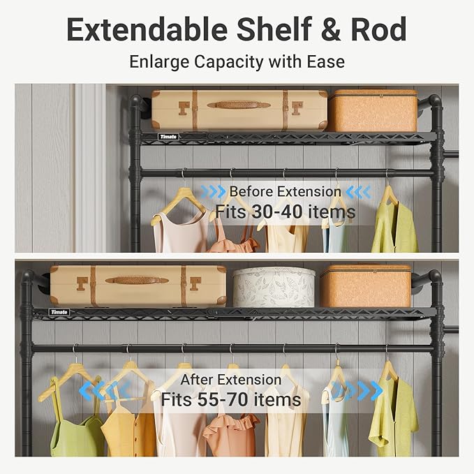 Timate F2 Pro Expandable Wall Mounted Clothes Rack Industrial Pipe Clothing Rack for Hanging Clothes, Heavy Duty Clothes Rack with Shelves, Garment Rack Wall Closet System, Black Pipe Closet Kit