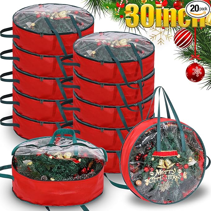 Shappy 20 Pcs Christmas Wreath Storage Bag Clear Wreath Box Storage Containers with Clear Window and Handle Christmas Garland Containers for Xmas Holiday Seasonal Bags (30inch)