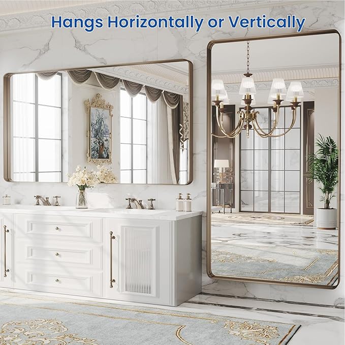 WEER 60x30 Inch Bronze Bathroom Mirror for Vanity, Brushed Bronze Metal Frame Rounded Rectangle Mirror with Tempered Glass, Anti-Rust (Horizontal/Vertical)
