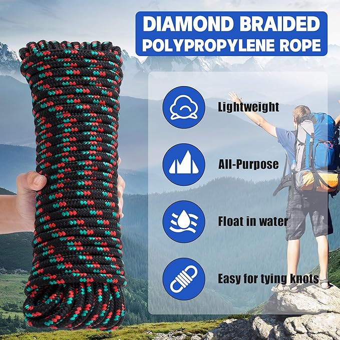 3/8 Inch 50ft Braided Polypropylene Rope, Outdoor Ropes, All Purpose Boat Marine Thick Tie for Camping and Flag Pole, Indoor and Outdoor Use, Black Multi