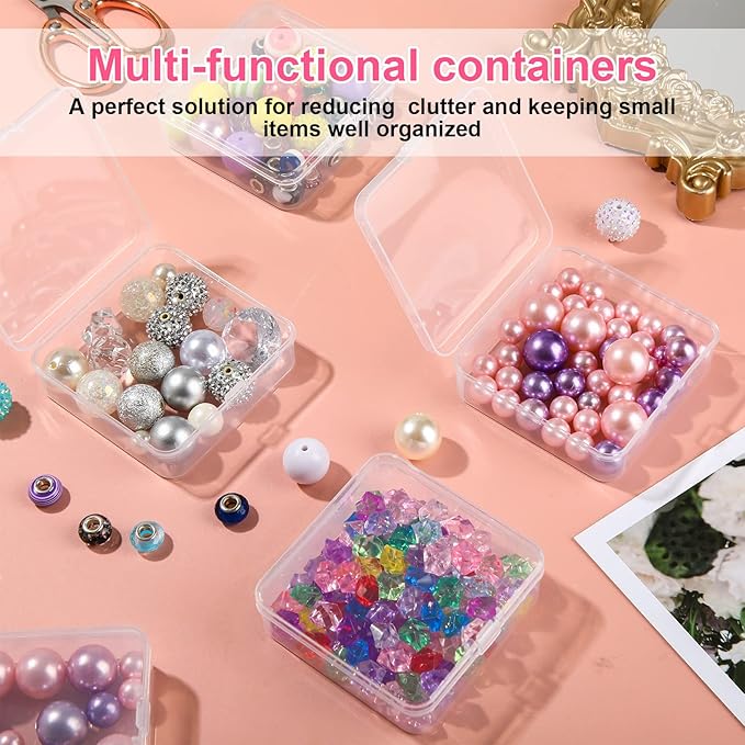 SATINIOR 100 Pcs Clear Plastic Beads Storage Containers Box Small Clear Boxes with Hinged Lid Plastic Case Mini Square Arts Crafts Storage Organizers for Small Items(2.9 x 2.9 x 1 Inch)