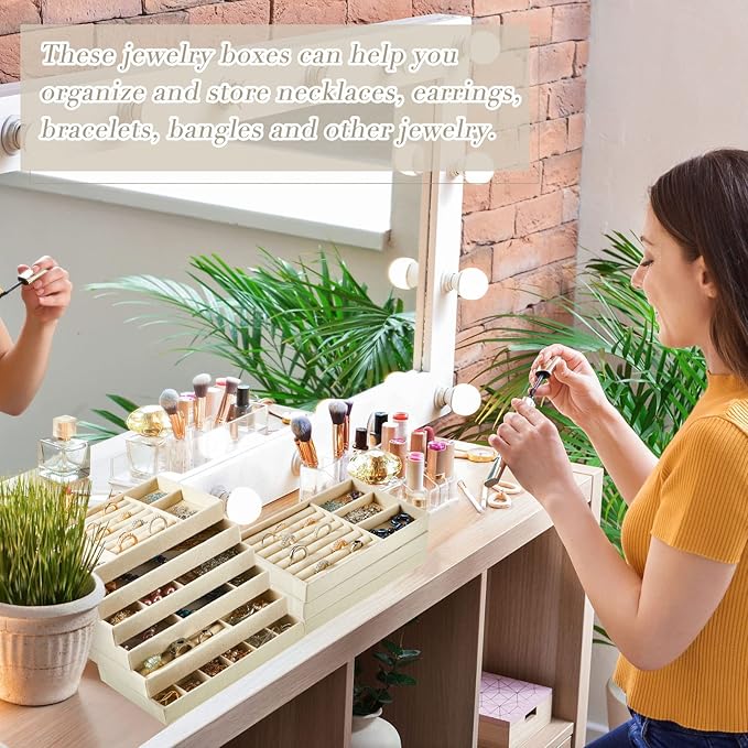 Junkin 18 Pcs Velvet Jewelry Tray Stackable Jewelry Drawer Organizer Jewellery Box Divided Display Tray for Earring Bangle(Beige)