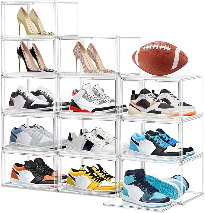 12 Pack Clear Shoe Boxes for Sneakers, Size 12 Acrylic Shoe Storage Under Bed Stackable Handbag Organizer with Magnetic Lid Collection Acrylic Display Case