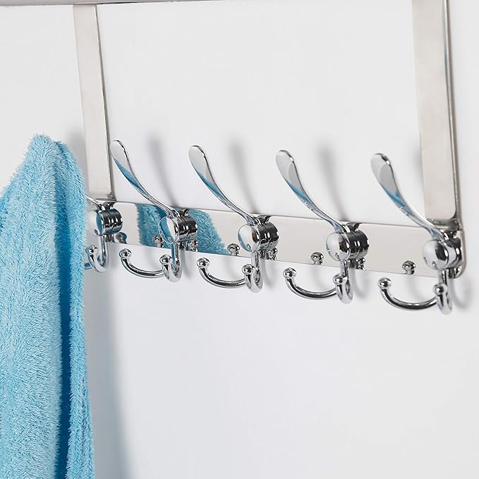 SKOLOO Over The Door Hook - for Doors up to 1-3/4'' Thickness, Metal Door Hanger with 5 Triple Hooks, Over The Door Hanger for Coats, Hats,Towels, Silver, Assembly Required