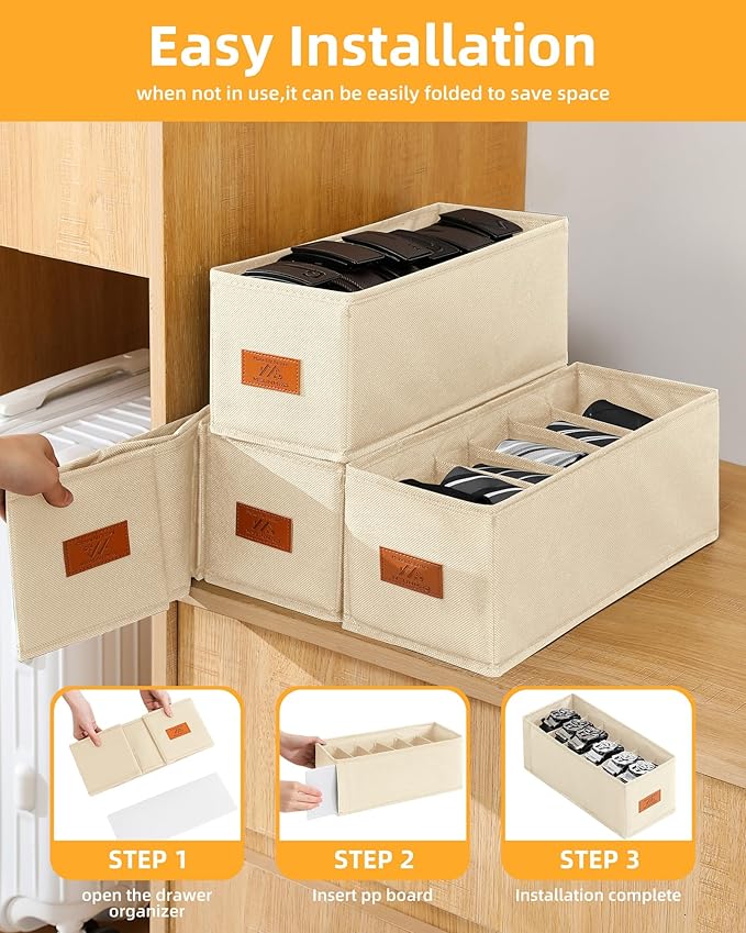 4 PCS Belt Organizer for Closet, 6 Grids Belt Holder, Washable Belt Box, Foldable Tie Organizer for Men, Belt Storage for Drawer (Beige, 13.38inch)