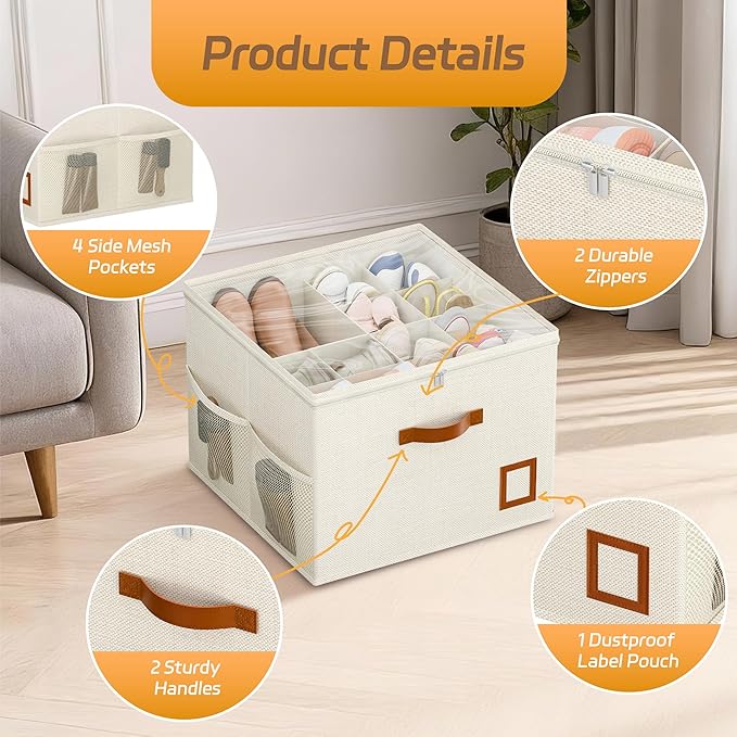 Shoe Organizer for Closet, 2 Pack Foldable Shoe Storage Organizer Box with Adjustable Dividers and Clear Cover, Space Saving Shoe Box with Reinforced Handles, Fits 16-32 Pairs, White