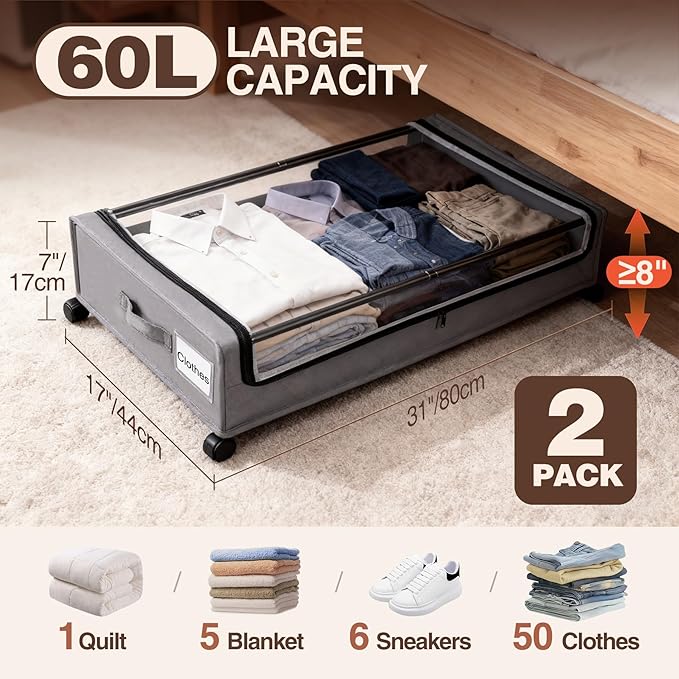 Under Bed Storage with Wheels, 2 Pack Under bed Storage Containers,XXL 60L Rolling Under bed Storage Bins for Clothes, Shoes, Blankets in Bedroom, Dorm,Grey