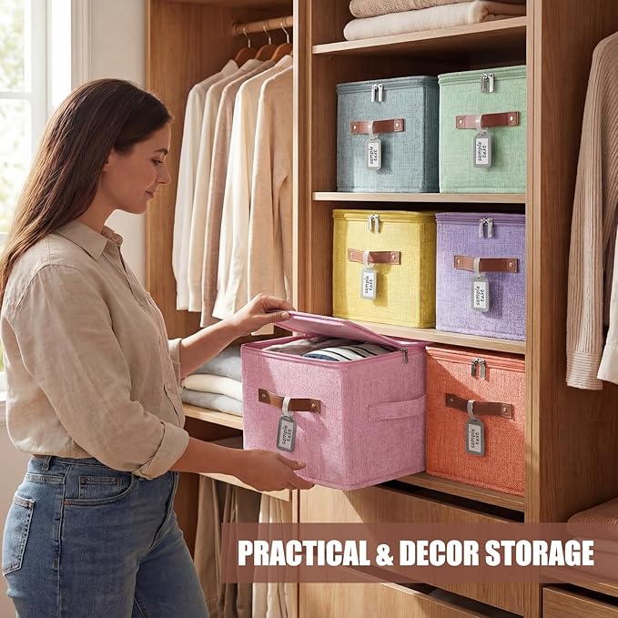 6 Pack Fabric Closet Storage Bins with Zipper Lids and Label, 10×8×7In Large Foldable Cotton Linen Storage Cubes with Leather Handles for Nursery, Pink, Purple, Blue, Green, Yellow, Orange