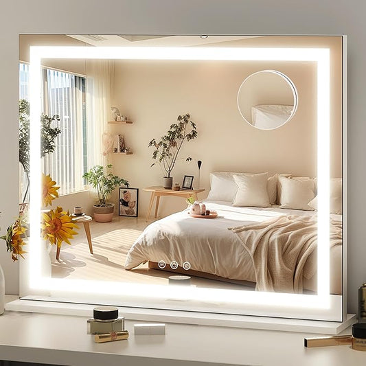 FENNIO 23" x 18" Vanity Mirror with Lights，LED Makeup Mirror，Hollywood Mirror with 3 Color Modes & Adjustable Brightness，Vanity Mirror Square White