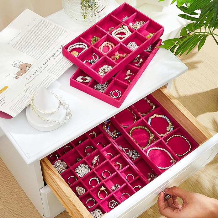 Junkin 12 Pcs Jewelry Tray Velvet Stackable Jewelry Organizer Trays Divided Earring Accessories Storage Containers Box (Rose Red)