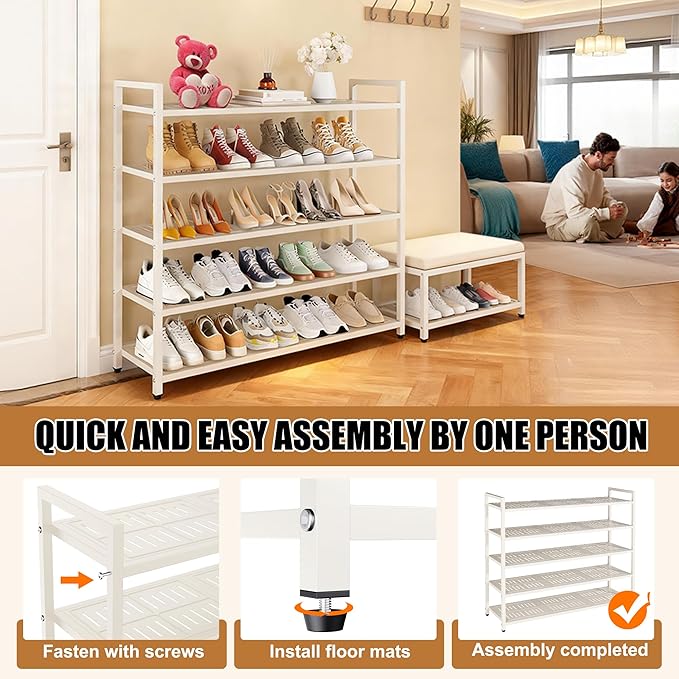3-Tier Heavy Duty Metal Shoe Rack, 200 LBS Load Capacity, Sturdy Free Standing Shoe Storage Organizer, Holds 9-12 Pairs, 28.7" W x 9.8" D x 19.7" H White for Entryway, Closet, Bedroom & Dorm