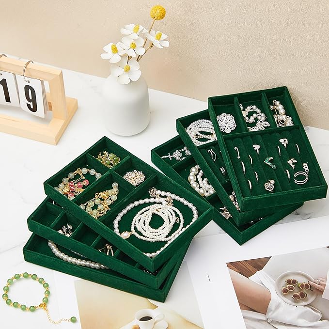 Junkin 18 Pcs Velvet Jewelry Tray Stackable Jewelry Drawer Organizer Jewellery Box Divided Display Tray for Earring Bangle(Dark Green)