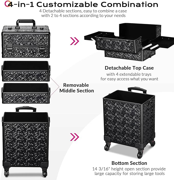 BYOOTIQUE Rolling Makeup Train Case on Wheels 3-Piece Lockable Cosmetology Organizer Kit Hair Tool Travel Bag for Lash Artist Nail Slon Beauty Studio Hairstylist Manicurist,Mermaid Black