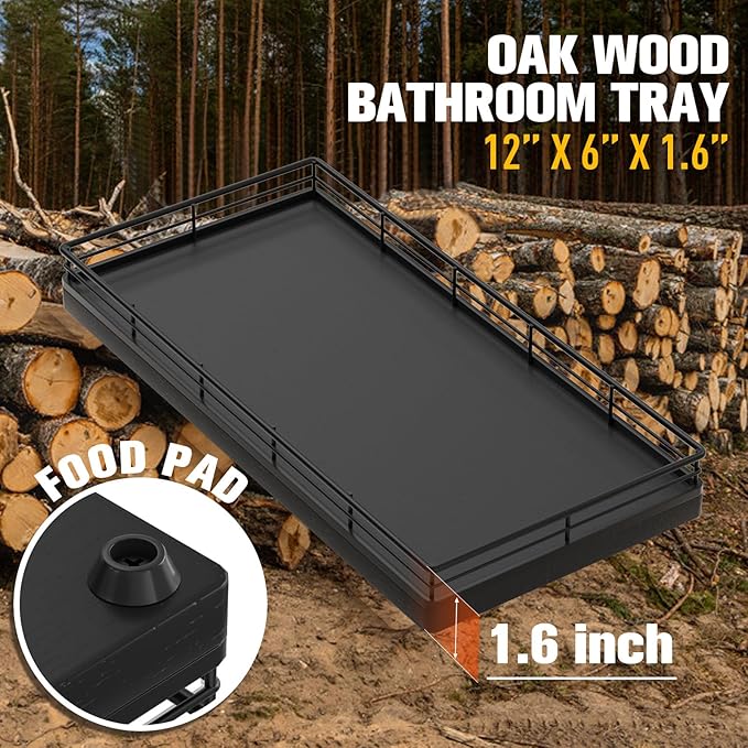 Bathroom Vanity Tray – 12" x 6" Oak Decorative Wooden Tray for Toilet Tank Organizer, Wood Tray for Bathroom Countertop, Soap, Perfume Storage Vanity Dresser Decor for Bathroom Essentials Black