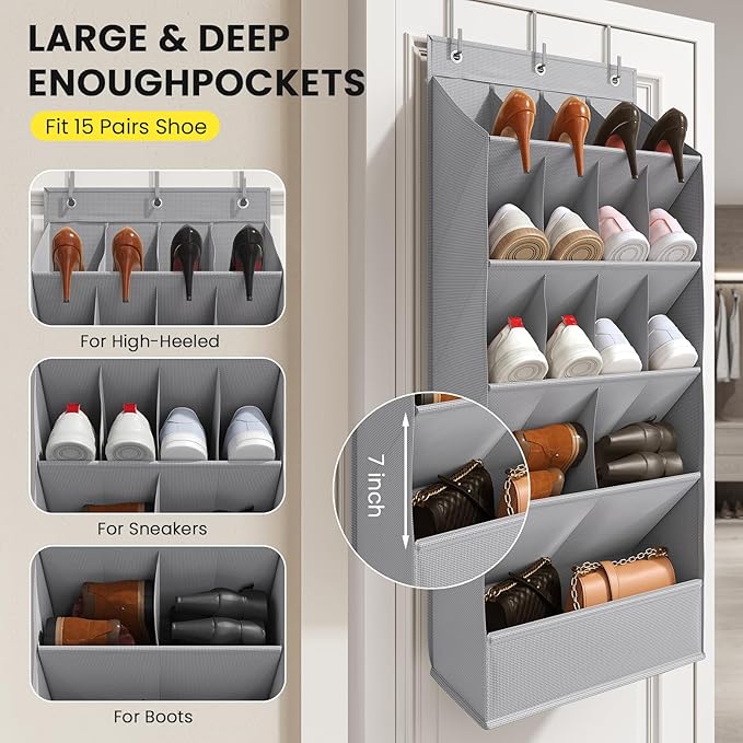 Over the Door Shoe Rack with Large Deep Pockets, Door Shoes Organizer for Closet, Hanging Boots Shoe Rack, Behind the Door Narrow Shoe Holder, Multiple Pockets for Flexible Storage, Grey ﻿