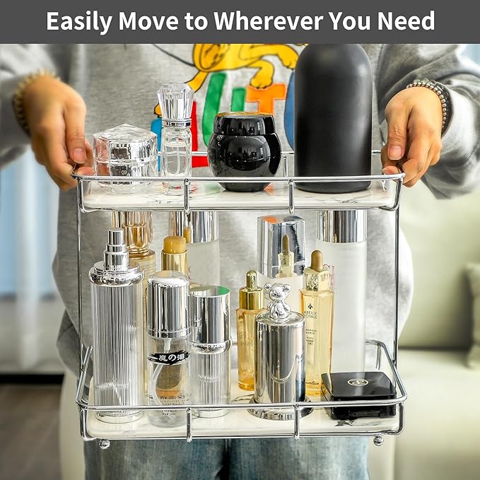 Bathroom Organizer Countertop Perfume Organizer Makeup Organizer Cosmetics Storage Display Rack Vanity Tray Dresser Stainless Steel Gold Shelf White Marble Ceramic Tray (2 Tier L-Sliver) | Perfume Organizer, Makeup Organizer, Cosmetics Storage, Vanity ...
