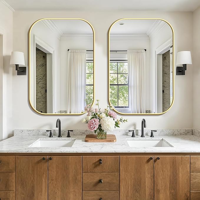 FICTOR Bathroom Vanity Mirror for Wall, 2 Pack 26" x 38" Rectangle Bathroom Mirror for Over Sink, Metal Framed, Hangs Horizontally or Vertically(Gold)