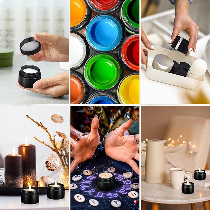Domensi 60 Pcs 1oz Glass Jars with Lids Bulk Salve Tins Winter Cream Container Small Glass Candle Cosmetic Jars for Travel Lip Balm with Inner Liners for Lotion Sample Cream(Black,Black Lid)