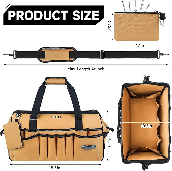 18.5-Inch Tool Bag,43 Pockets Tool Bags for Men,Heavy Duty Tool Box Organizer Storage,Wide Mouth Toolbag Tools Tote Carrying Case for Dad,Mechanic,Electrician,Brown,Bag Only