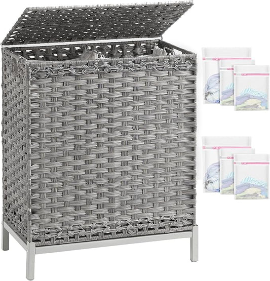Laundry Hamper with Lid, 112 L Handwoven Rattan Wicker Laundry Basket, 2 Removable Liner Bags Metal Heightened Feet, 6 Mesh Bags, 2 Section Large Clothes Hamper for Bathroom Bedroom, Gray