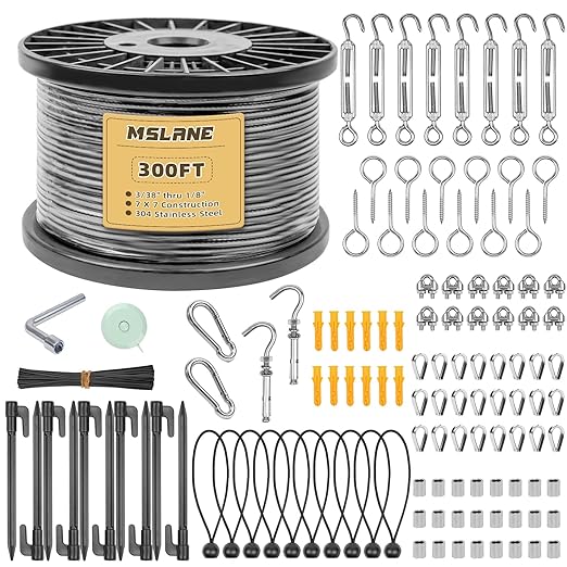 1/8" Black Wire Rope Kit 300FT 304 Stainless Steel Vinyl Coated with M5 Turnbuckles, 7x7 Strand Core Aircraft Cable for String Light, Picture Hanging, Clothesline, Curtain, and Plant Trellis