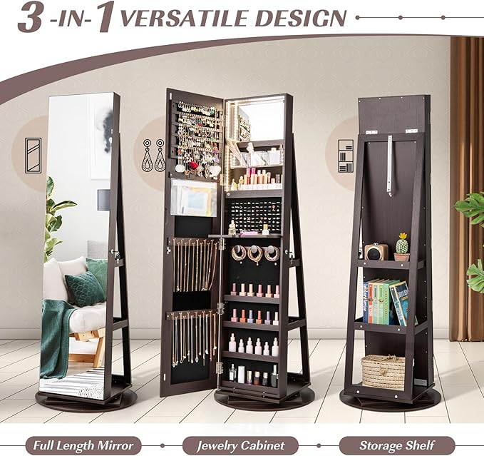 GOFLAME 360° Rotating Jewelry Cabinet with Full-Length Mirror, Freestanding Jewelry Armoire with 3-Color LED Light and Back Storage Shelf, Lockable Jewelry Organizer for Bedroom Cloakroom, Espresso