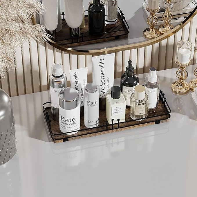 Bathroom Vanity Tray for Countertop Toiletries Perfume Makeup Soap Dispenser Toilet Tank, Kitchen Tray for Salt Spice, Decor Tray for Candle Nightstand Coffee 11.3”x 4.4” Brown-Black