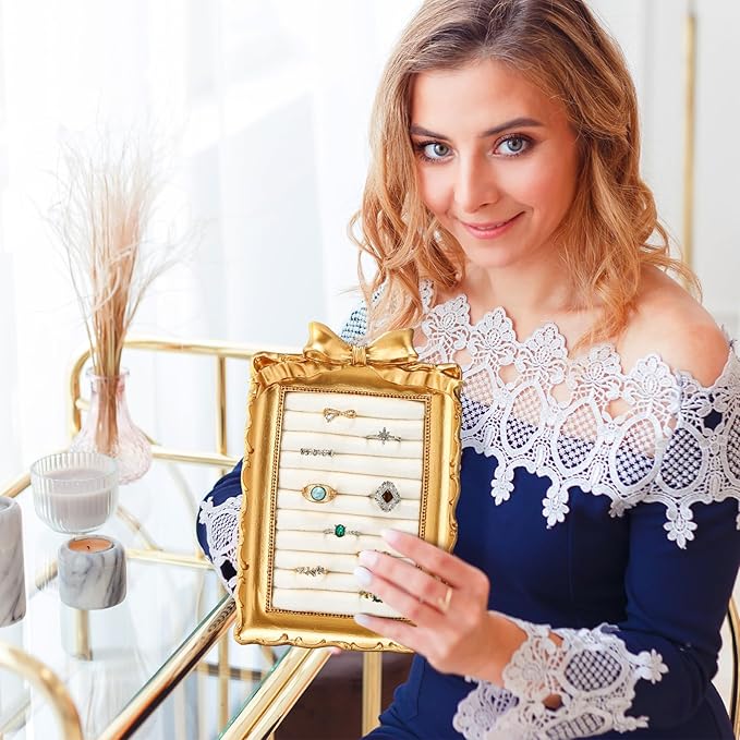 Vintage Ring Holder Bow Gold Ring Wedding Display Suede Jewelry Box Stand Frame Earring Tray Anniversary Engagement Baroque Organizer Photograph Prop for Women Birthday Christmas Gift
