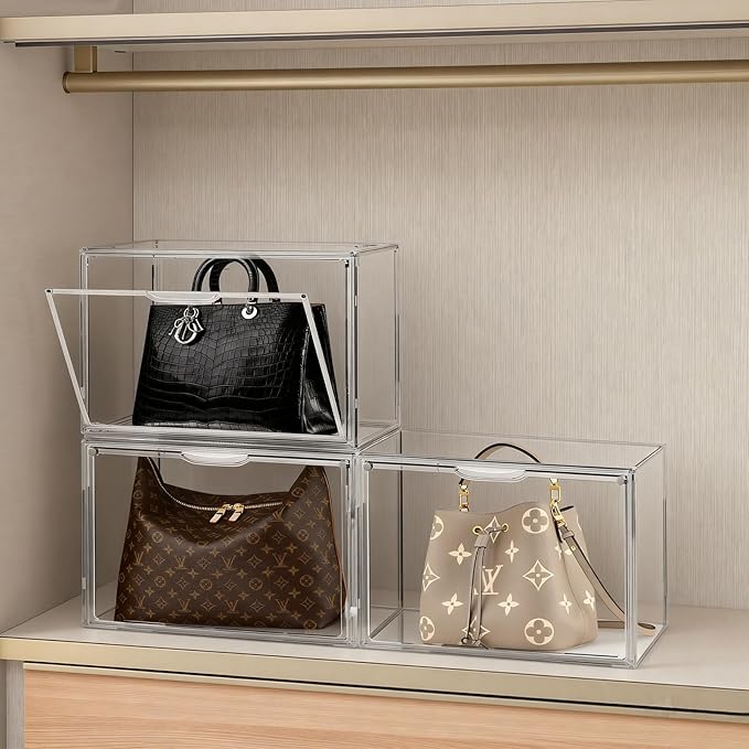 15Pack Purse Organizer for Closet Clear Acrylic Display Case Handbag Storage Organizer Box with Magnetic Door Stackable Storage Bins with Dustproof Lid for Book Toys Shoes Cosmetic Collectibles