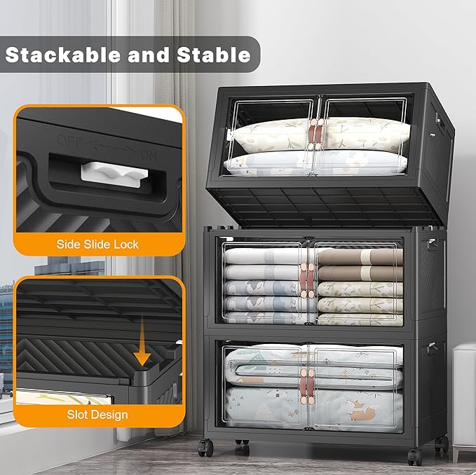 Extra Large Stackable Storage Bins with Lids & Wheels & Door, 960QT-160QT/40GAL*6Pack Foldable Collapsible Closet Organizers, Plastic containers drawers for bedroom Dorm