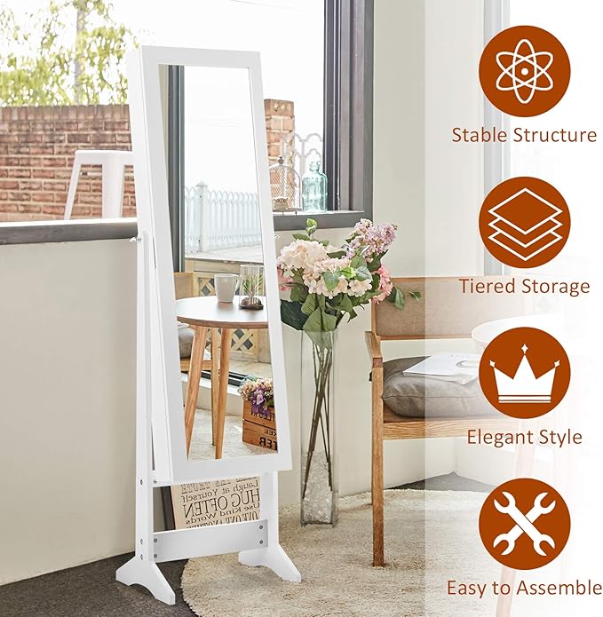 GOFLAME Jewelry Cabinet, Jewelry Organizer with Full Length Mirror Door, Standing Makeup Mirror Cabinet, Freestanding Jewelry Organizer with Large Storage Capacity (White)