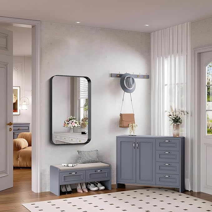 FORBATH 40x24 Inch Bathroom Mirror for Wall, Black Metal Framed Vanity Mirrors for Over Sink, Rounded-Corner Rectangle Mirror for Bedroom Living Room Entryway Hallway, Hangs Horizontal or Vertical