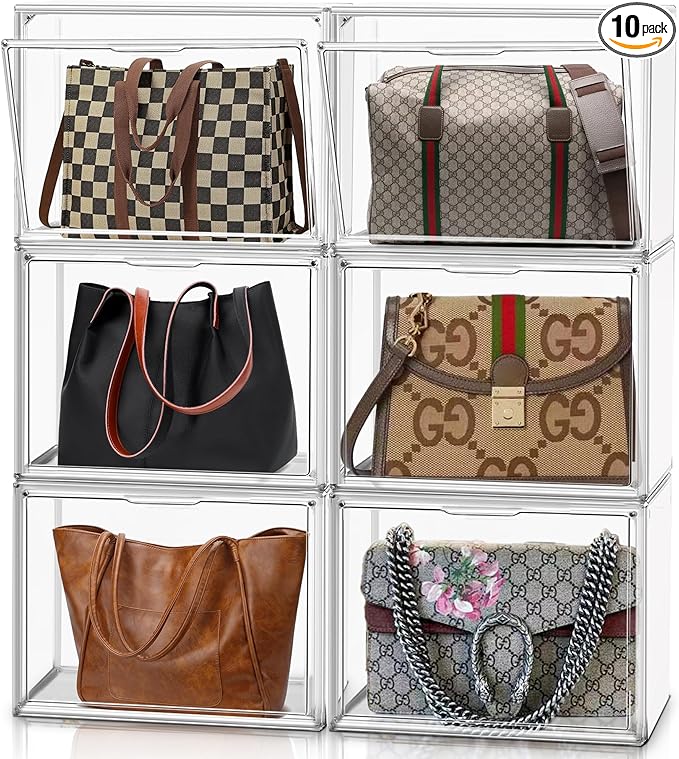 10 Pack Purse Organizer for Closet, 14.1''x8.6''x10.9 '' Clear Acrylic Display Case with Magnetic Door, X-Large Plastic Stackable Handbag Organizer for Collectibles, Figures, Size 14 Shoes, Cosmetic