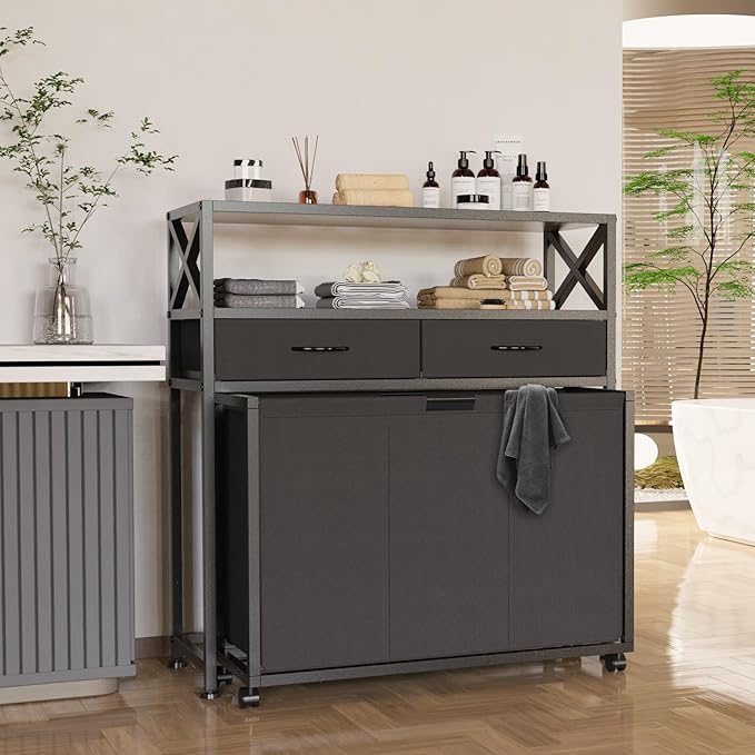 Laundry Hamper 3 Section, 150L Rolling Laundry Sorter Basket with 2 Shelves and 2 Drawers, 3 Compartment Clothes Organizer Cart with Wheels, Pull-Out Bags for Laundry Room, Bathroom, Bedroom