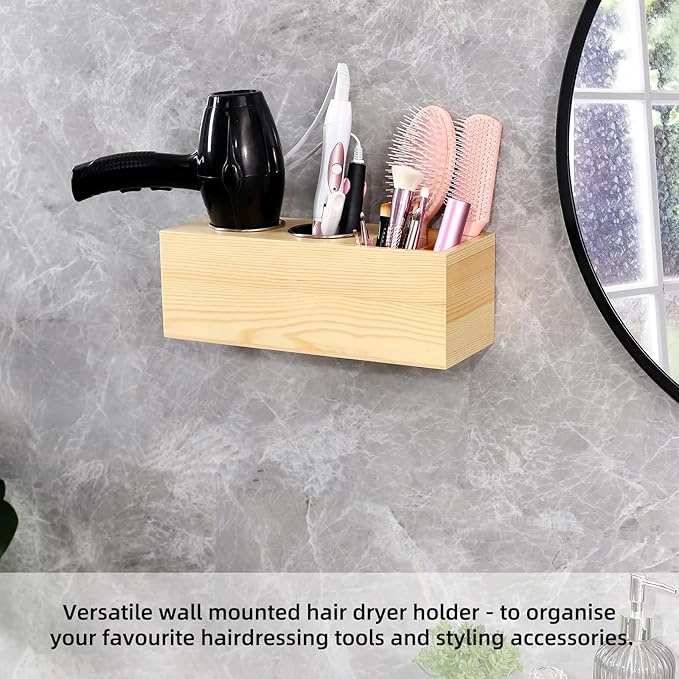Hair Dryer Countertop Holder, Hair Tool Organizer Wall Mount, Blow Dryer Holder Organizer, Bathroom Countertop Blow Dryer Holder and Curling Iron Holder (Cedar Wood, Log color)