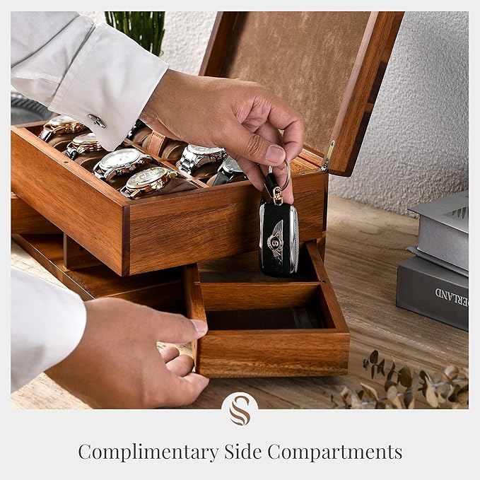 Shanik Luxury Large Watch Box Organizer for Men with 8 Divided Slots, Soft Velvet Pillows, and Pull-Out Drawers for Wallet, Cufflinks, and Accessories